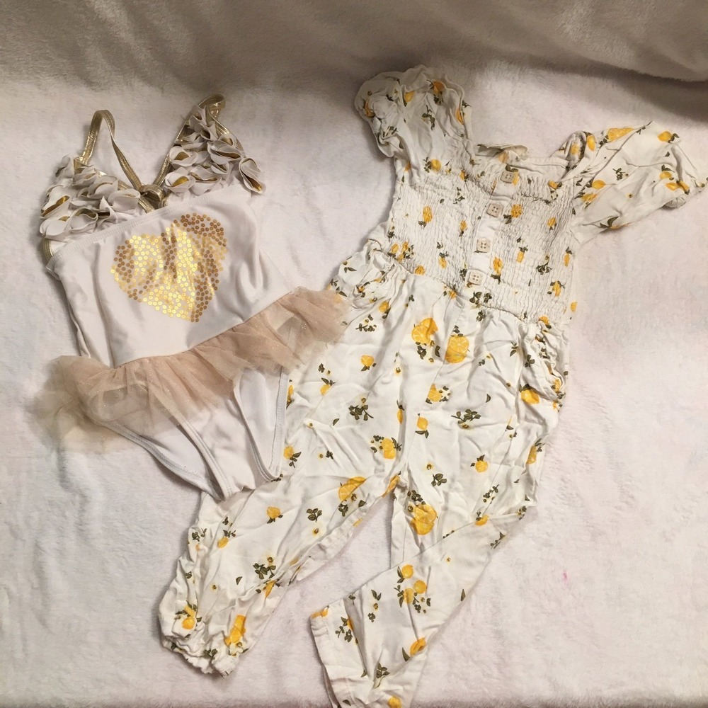 Jessica Simpson Girls 4T Bundle Floral Jumpsuit Sequin Heart Tutu Swimsuit White